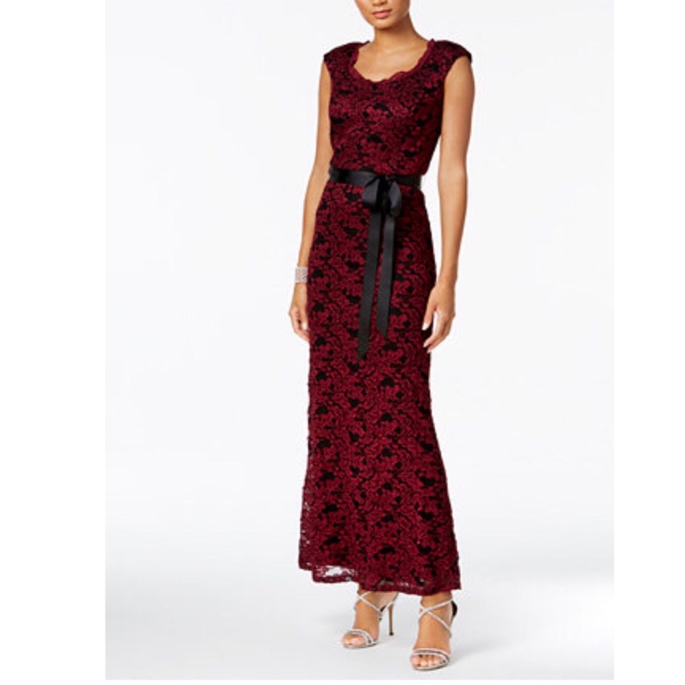 R&M Richards Merlot Belted Lace Gown